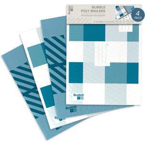 Scotch Poly Bubble Mailers, Assorted Blue Designs, Size 5 Large, 10.5 in x 15 in, 4 Mailers