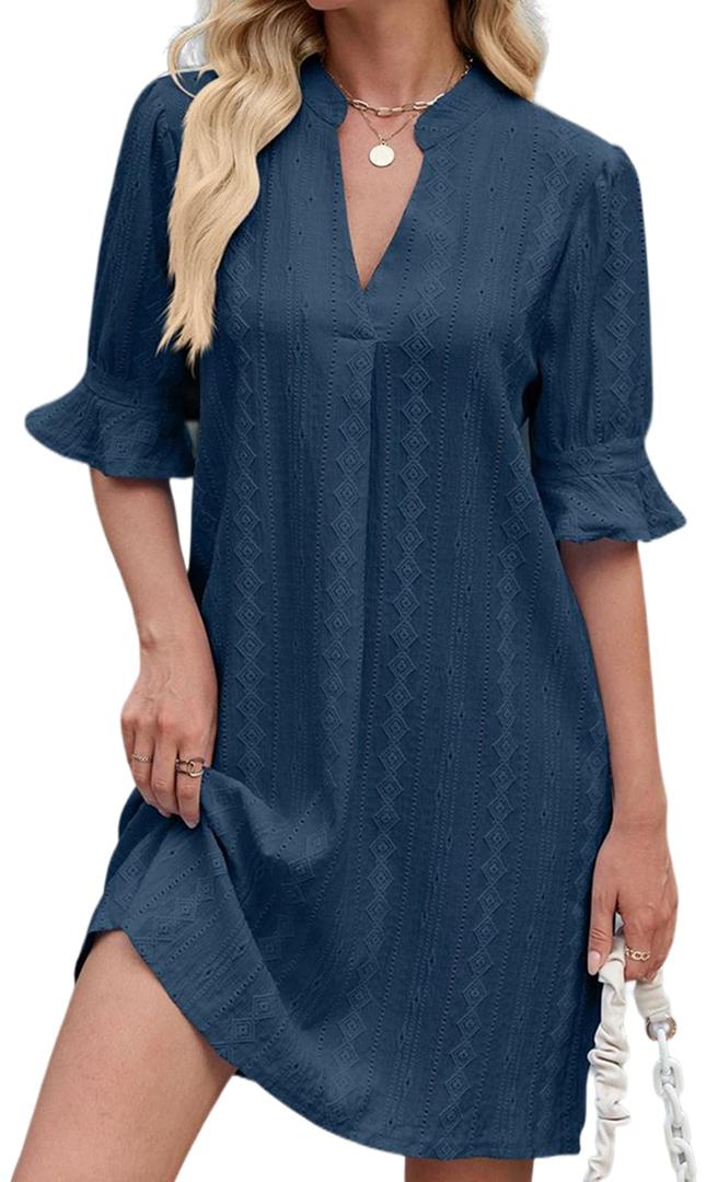 PerZeal Shirts Dress for Women V Neck Short Sleeves Casual Flowy Summer Beach Vacation Shifts Navy X-Large (Blue, XL)