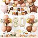 80th Birthday Decorations Brown Gold,80th Birthday Balloon Number 80 Foil Balloons Star Heart Balloons Happy Birthday Banner Cake Topper for Women Men Birthday Party Decoration