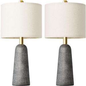 BOBOMOMO 21" Modern Table Lamps Set of 2, Gray Resin Lamp with Stone Look, Small Bedside Lamps for Bedroom, Contemporary Nightstand Lamps with Linen Shades, Small Lamp for Nursery, Entryway