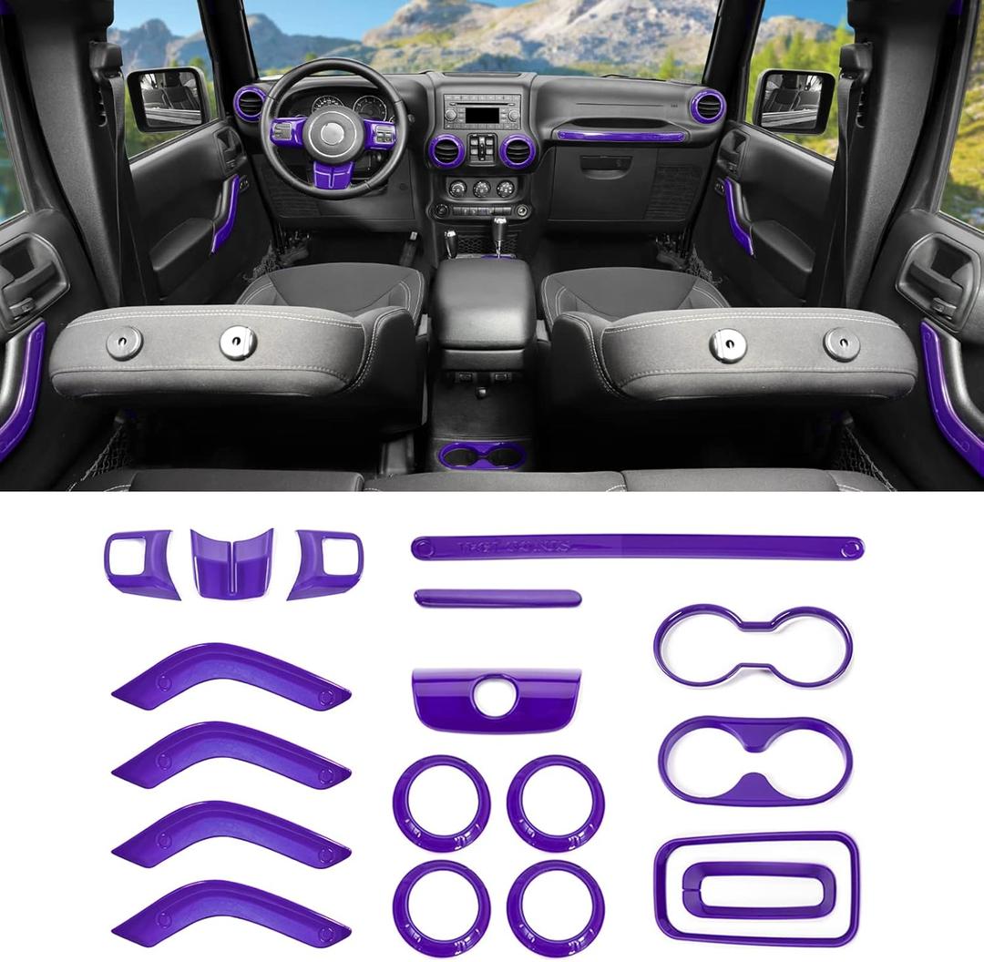 18PCS Full Set Interior Trim Kit for Jeep Wrangler JK JKU 2011-2018 4 Door,Center Console Door Handle Side Outlet Cup Holder Gear Cover Trim (Purple)