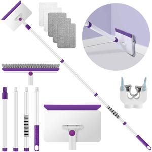 Baseboard Cleaner Tool with Handle, 60" Extendable Long Handle Baseboard Cleaner with 5 Reusable Pads for Baseboards Cleaning, Ceiling, Wall, Floor, Bathroom Kitchen (Purple)
