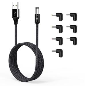 AGVEE 5ft USB to DC 5V Power Cord 5521(5.5x2.1mm) | Braided Nylon & Aluminum Shell | 6pcs DC Adapter Tips | Fast & Durable Charging for CCTV Cameras, Routers, LED Strips, Black