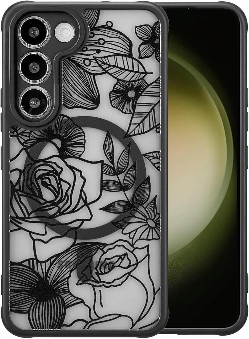 XIZYO Magnetic Case for Samsung Galaxy S23 Plus Floral Rose Flower Cute [Compatible with Magsafe] for Women Girls Aesthetic Pattern Slim TPU Shockproof Bumper Cover, Black