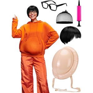 Lyrow 4 Pcs Halloween Criminal Costume Accessories Include Short Black Wig Inflatable Fake Belly Black Square Glasses for Halloween Tracksuit Set Cosplay Accessories