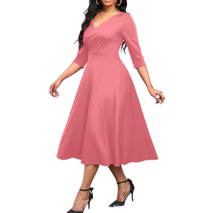 Nmoder Women's Casual Wrap Flared Midi Dress Wedding Guest Cocktail Tea Dresses A-Line Swing V-Neck 3/4 Sleeve XL Pink