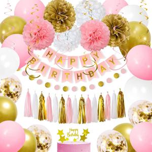 Pink Gold Birthday Decorations, Pink White Gold Party Decorations for Women - Happy Birthday Banner, Balloons, Tissue Pompoms, Tassels Garland