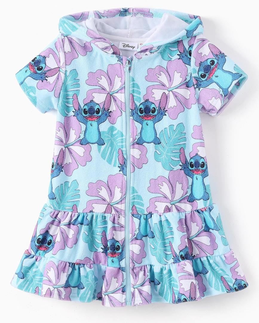 Disney Girls Swim Cover Up Terry Cloth Swimsuit Coverup Zip-Up Wrap Hooded (Purple, 10-11Y)
