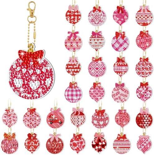 WILLBOND 30 Pcs Valentine's Day Diamond Painting Keychain Kits Pink Ball 5d DIY Diamond Art Pendants Double Sided Hanging Keychains Ornaments for Adults Valentine Party Decoration DIY
