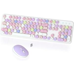 Colorful Wireless Keyboard and Mouse Combo, COVEVA 2.4GHz Wireless Retro Cute Round Keycaps Keyboard, 104 Keys Full-Sized Keyboard Mouse Set with Switch Button for PC Laptop Desktop (White Colorful)