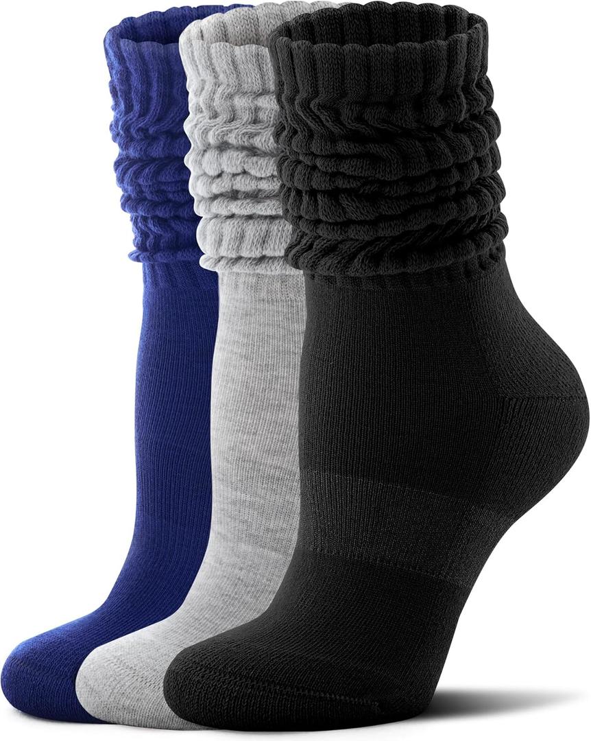 FITRELL Slouch Socks for Women, 3 Pairs Soft Cotton Knee High Scrunch Tube Boot Socks (9-11, Navy+light Grey+black)