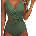 SUUKSESS Women Sexy Mesh Tummy Control One Piece Swimsuit Push Up Bathing Suit (Large, 119 Army Green)