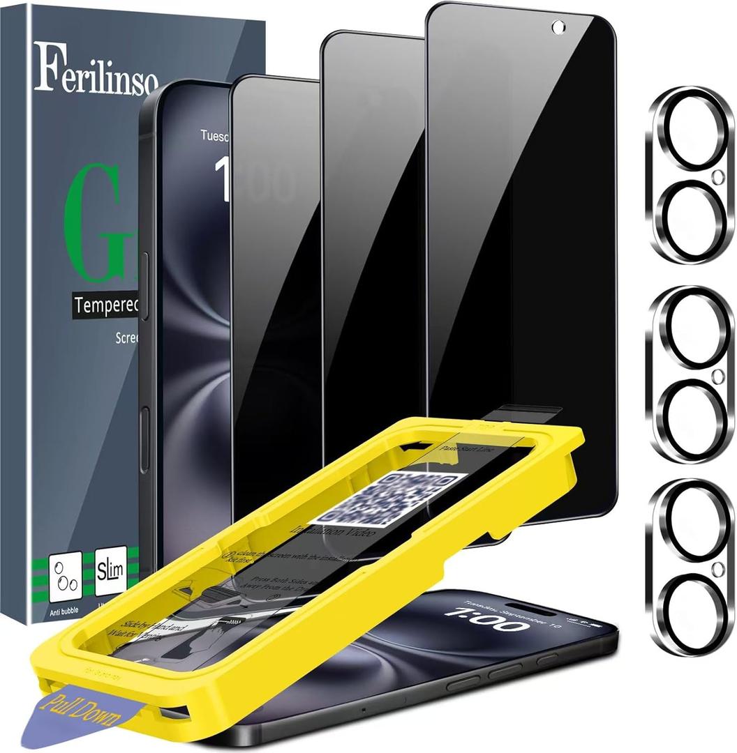 Ferilinso 3 Pack Privacy Screen Protector for iPhone 16 with 9H+ Private Accessories-Camera Lens Protector, Tempered Glass Cover, Case Friendly, Sensitve Touch