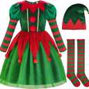 ReliBeauty Elf Costume for Kids Santa Little Helper Kids Christmas Elf Dress Suit for Girls (10-12/150)