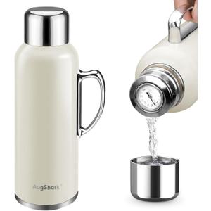 34 oz Insulated Water Bottle, Double Wall Vacuum Stainless Steel Water Flask Jug with Handle & Metal Mechanical Temperature Measuring Cup Lid, Leakproof Travel Bottle Keep Cold 36h Hot 24h (White)