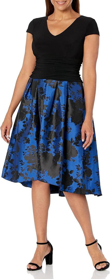 S.L. Fashions Women's Stretch Jersey Bodice Jacquard Floral Print Dress, Size 16, Black Blue Floral