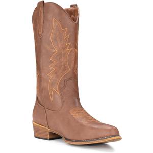IUV Cowboy Boots For Women Western Boots Cowgirl Boots Pull On Pointy Toe Mid Calf Boots (8 Wide, Brown)