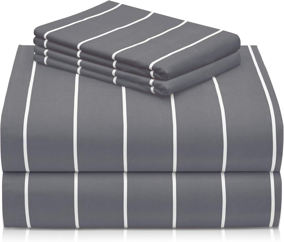 LuxClub 4 PC Queen Size Sheet Set Bed Sheets, Breathable Luxury Deep Pockets 16" Wrinkle Free Cooling Sheets Machine Washable Hotel Bedding (Queen, Striped Light Grey)