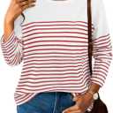 LilyCoco Womens Oversized Striped Shirt Color Block Crewneck Long Sleeve T Shirt Pink Medium