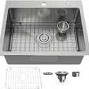 22" x 18" Drop in Kitchen Sink 304 Stainless Steel Single Bowl Topmount Kitchen Sink with Drain Kit and Bottom Grid, Brushed