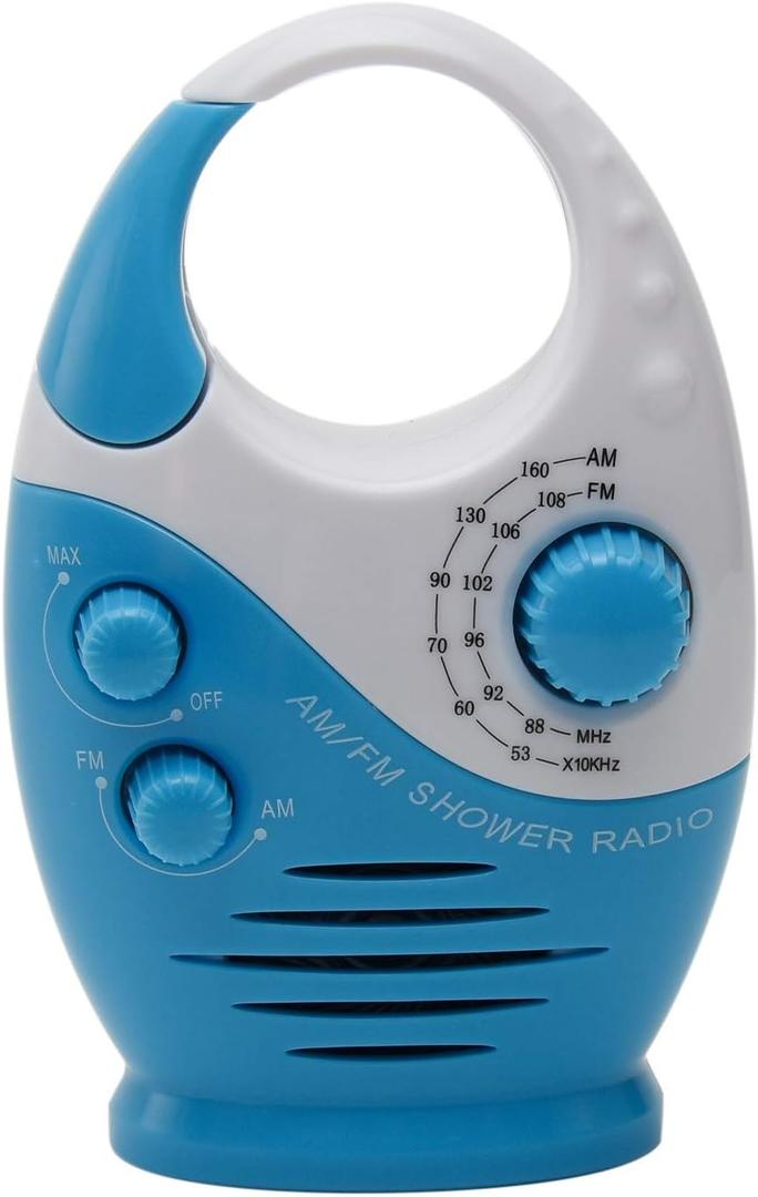 Shower Radio, 3V 0.5W Adjustable Volume Shower AM FM Button Speaker Portable Waterproof Speaker Bathroom Shower Speakers Wireless Radio with Top Handle (White and Blue)