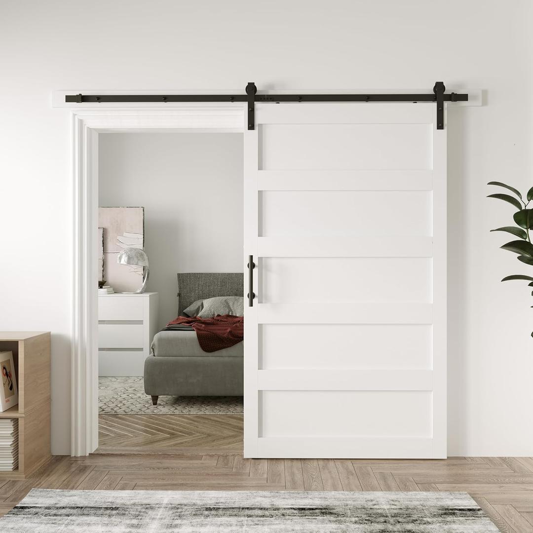 48in x 84in Sliding Barn Door with 8ft Barn Door Hardware Kit & Handle, Pre-Drilled Holes Easy Assembly -Solid Barn Door Slab Covered with Water-Proof PVC Surface, White, 5 Panel