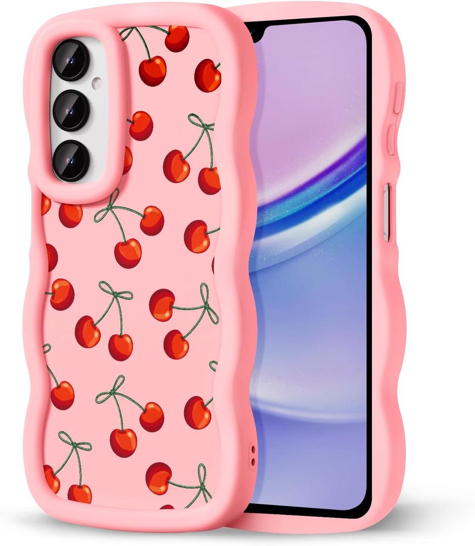 Compatible with Galaxy A15 5G Phone Case for Women Girls, Curly Wavy Frame with Cute Pattern, Aesthetic Slim Soft Silicone TPU Bumper Shockproof Phone Case for Samsung A15 - Bow Cherry