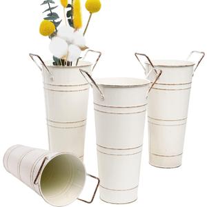 Notakia 4Pcs Galvanized Metal Vases Farmhouse French Flower Bucket Vases for Cut Flowers for Home Decor and Wedding Table Centerpiece Decorations (Beige Set of 4) (9.05in Small)