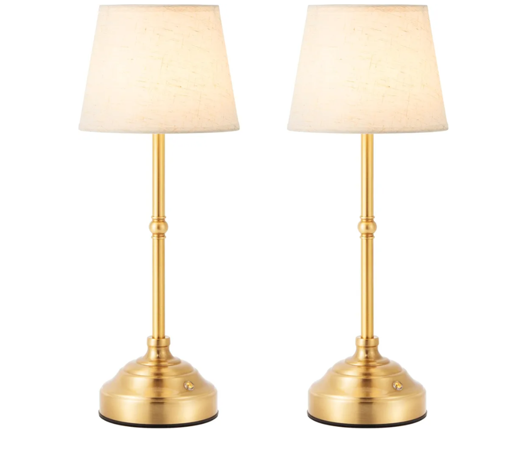 keysays 2 Pack Cordless Table Lamp, Rechargeable Desk Lamp with Fabric Shade, Battery Operated Lamp 3 Color Stepless Dimming, Small Touch Bedside Lamp Home Decor for Dining, Counter (Brushed Gold)