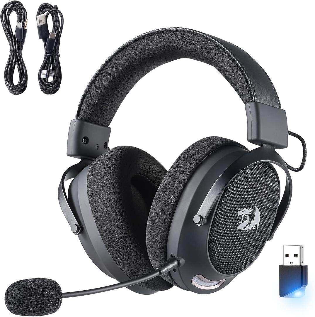 Redragon H858 3-Mode Wireless Gaming Headset, 7.1 Surround Sound, 53 mm Drivers, Memory Foam Ear Pads, Detachable Noise-canceling Microphone, Over-Ear Headphones Works for Mobile, PC/PS5/NS (Gray)