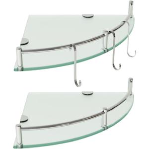 HouseMila Glass Shower Shelves, 2 Tier Tempered Glass Corner Shelf Shower Organizer with Extra 3 Hangers Shower Shelves for Inside Shower