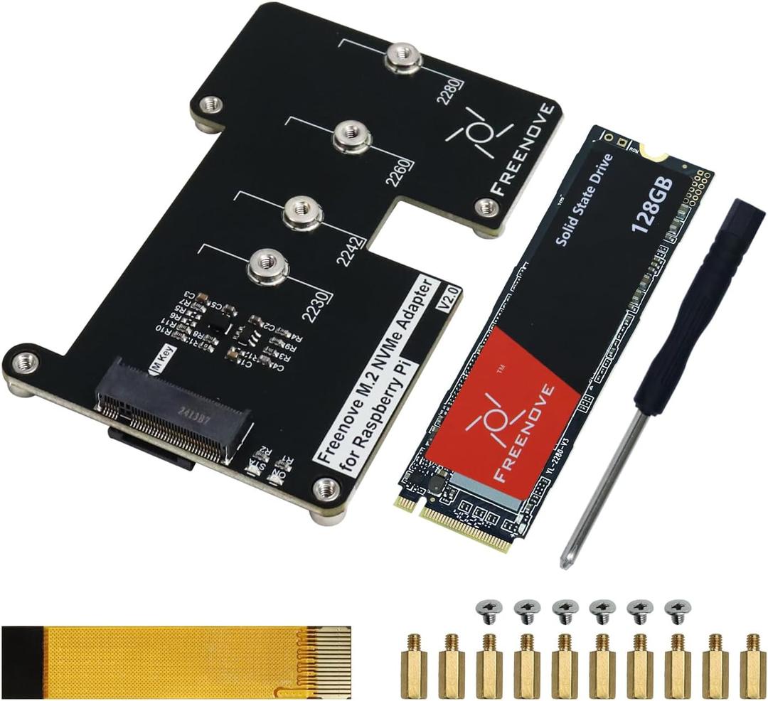 Freenove M.2 NVMe Adapter V2 for Raspberry Pi 5 (with 128GB SSD), M.2 HAT Add-on Board, Solid State Drive, PCIe 2.0/3.0, Tested Speed 800 MB/s