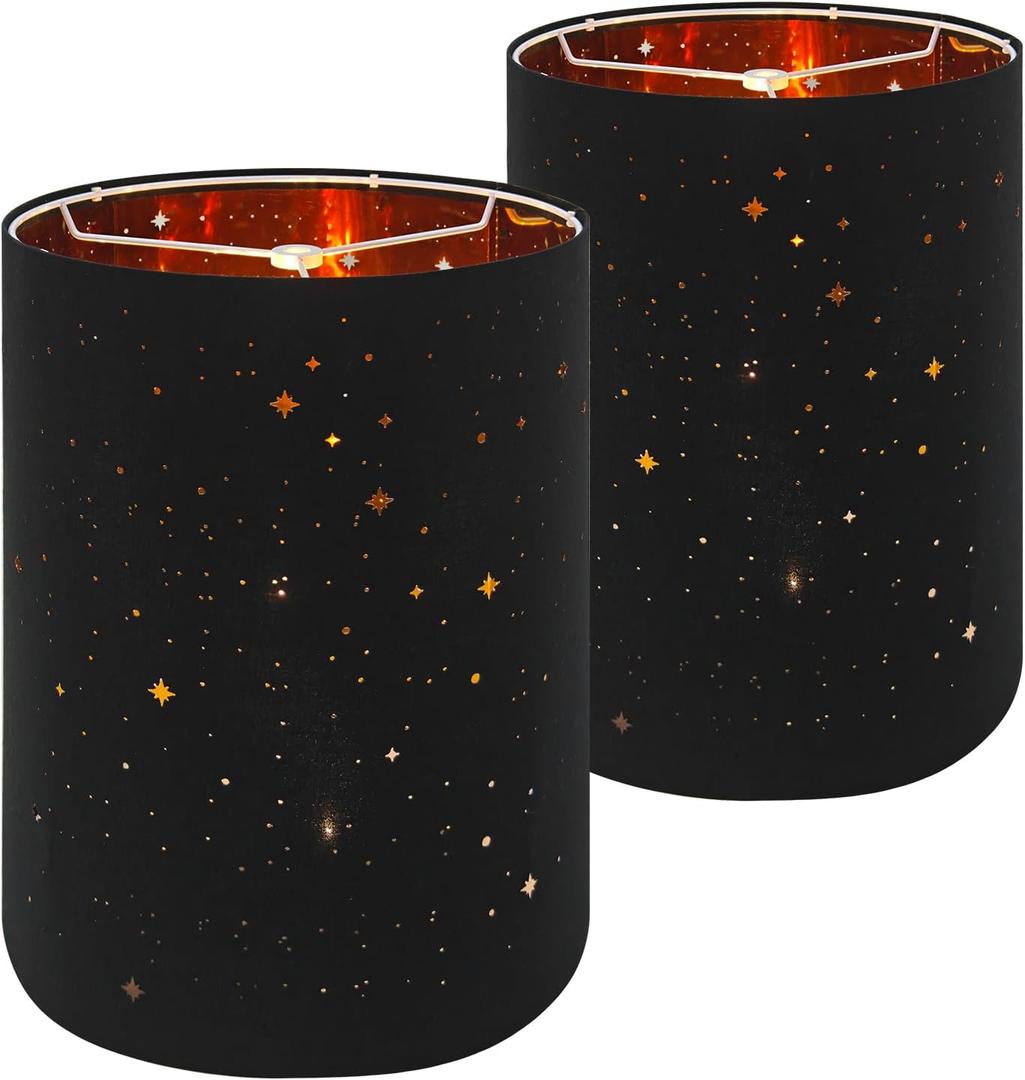 Star Hollow Black Cylinder Lamp Shades set of 2, 10"x10"x11.8" Small Tall Drum Fabric Lampshade for Table Lamp,Floor Lamp,Bedside Lamp Classic Modern Room Decoration.Spider Fitter Design,Easy Assembly