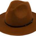 Lanzom Womens Classic Wide Brim Floppy Panama Hat Belt Buckle Wool Fedora Hat (One Size, Coffee)