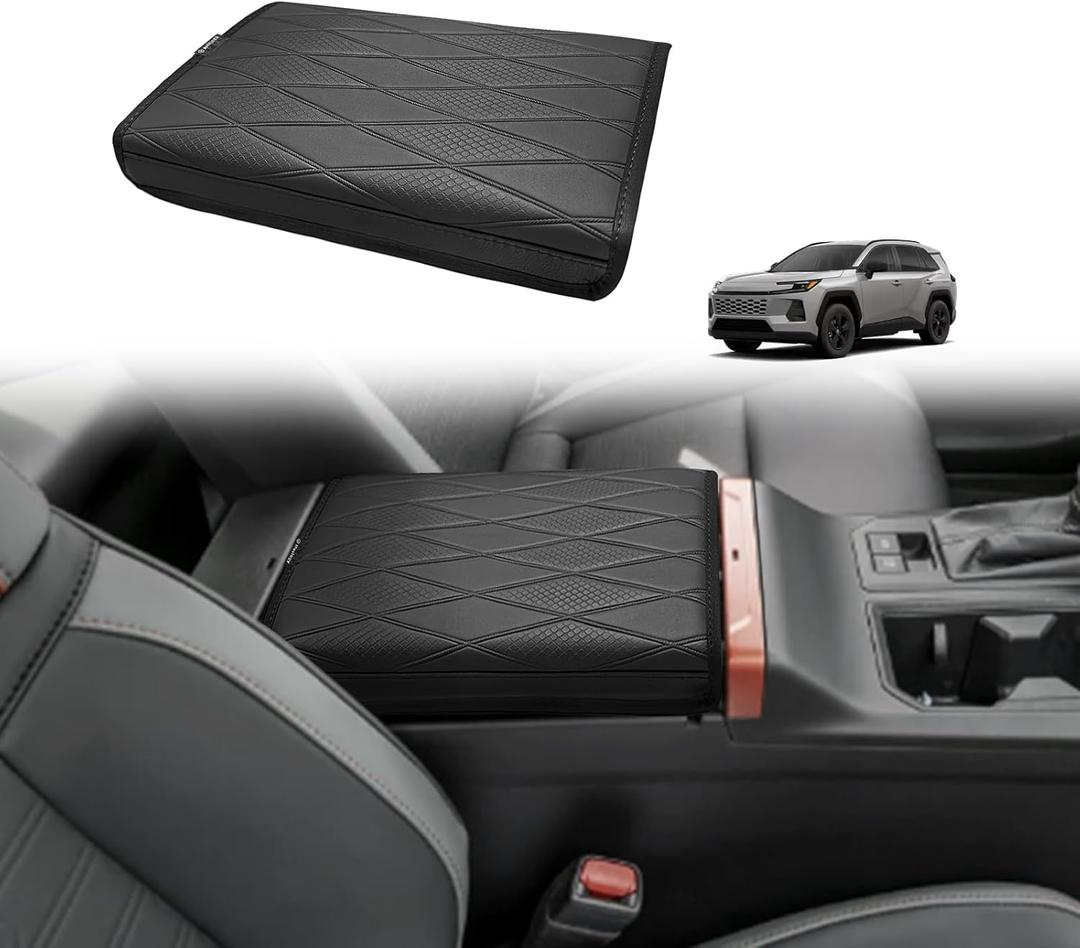 Muslogy Center Console Armrest Cover Compatible with 2026 Toyota RAV4 Accessories Comfort Armrest Pad Arm Rest Cushion Vegan Leather Protector Regular Thick(V2 Diamond Pattern)