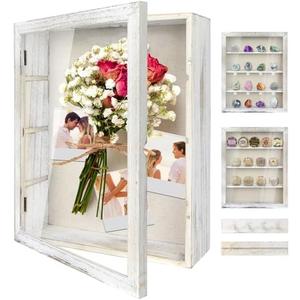 YEPOTUE Shadow Box Display Case 11x14, Deep Shadow Box Picture Frame with Linen Back and Removable Shelves, Wooden Memory Box for Wedding Bouquet, Photos, Medals, Keepsakes (White, 11x14)