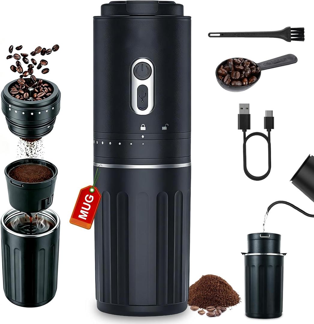 Portable Coffee Maker, Travel Coffee Maker, Portable Battery Pour Over Set, Rechargeable Coffee Maker with Electric Grinder & Insulated Mug for Travel, Camping, Car (BLACK)