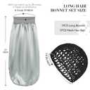 Long Bonnet-Crochet Hair Net Set Braid Bonnets for Black Women Mesh Hair Net Anti Frizz Satin Large Bonnet for Curly, Braids Hair 2 Piece Set Reusable Elastic (black net, silver bonnet) (Gray)