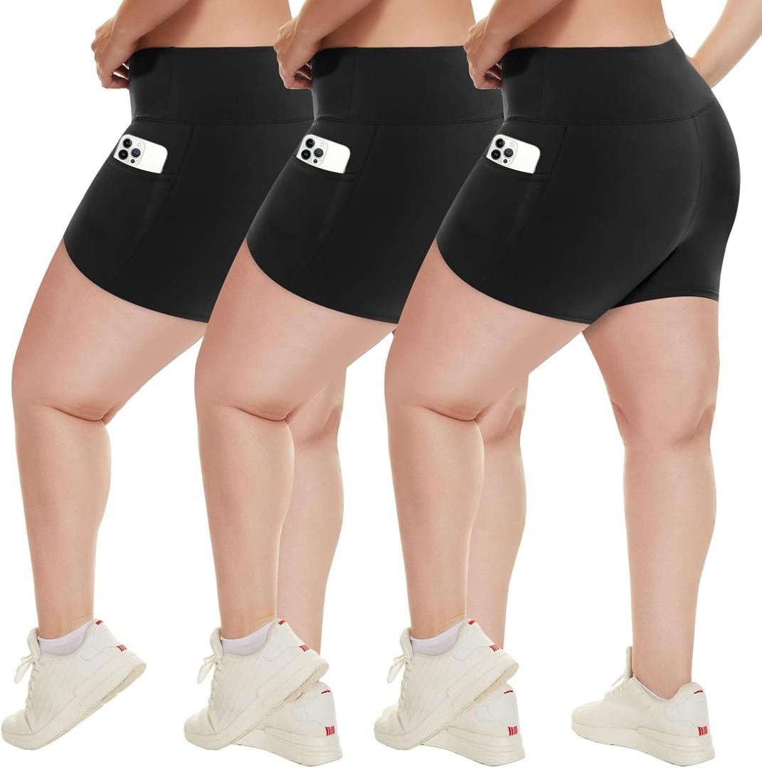 HLTPRO 3 Pack Plus Size Biker Shorts with Pockets for Women (S-4XL)- 8"/5"/3" High Waist Tummy Control Shorts for Yoga (XX-Large, Black/ Black/ Black)