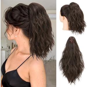 SARLA Short Ponytail Extension Claw Clip in 13 Inch Fluffy Synthetic Curly Wavy Pony Tail Hairpiece for Women Dark Brown