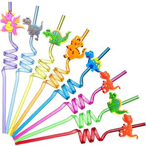 Patelai 24 Pieces Reusable Dinosaur Straws Dino Silly Fun Twisty Crazy Straws for Kids Dinosaur Birthday Party Favors Decorations 8 Styles