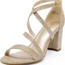DREAM PAIRS Womens Ankle Strap Dress Pump Low Chunky Heel Sandals (5, Gold/Glitter)