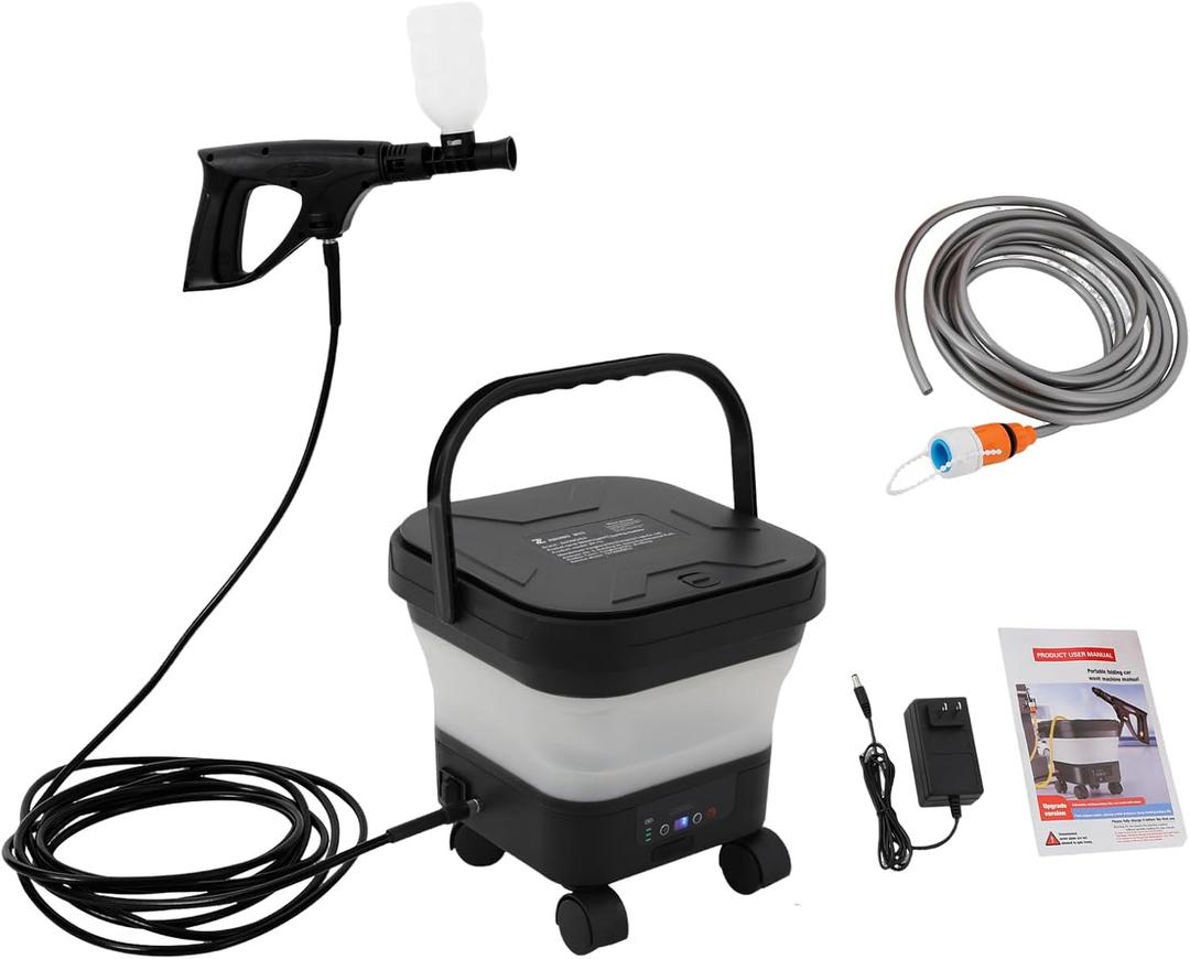 Electric Pressure Washer with Wheels, 0.93 GPM Fold Cordless Electric Sprayer Washer with 7 Adjustable Pressure Settings, 6-in-1 Nozzle, 3.43Gal Tank, 22.97FT Hose for Camping, Bike, Pet Cleaning