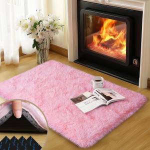 qulint Pink Rug for Bedroom, 2x3 Fluffy Area Rugs for Living Room, Small Soft Shag Fuzzy Shaggy Carpets for Kids Boys and Girls Dorm with 4 Non-Slip Rug Tapes for Room Home Decor (2ft x 3ft, Pink)