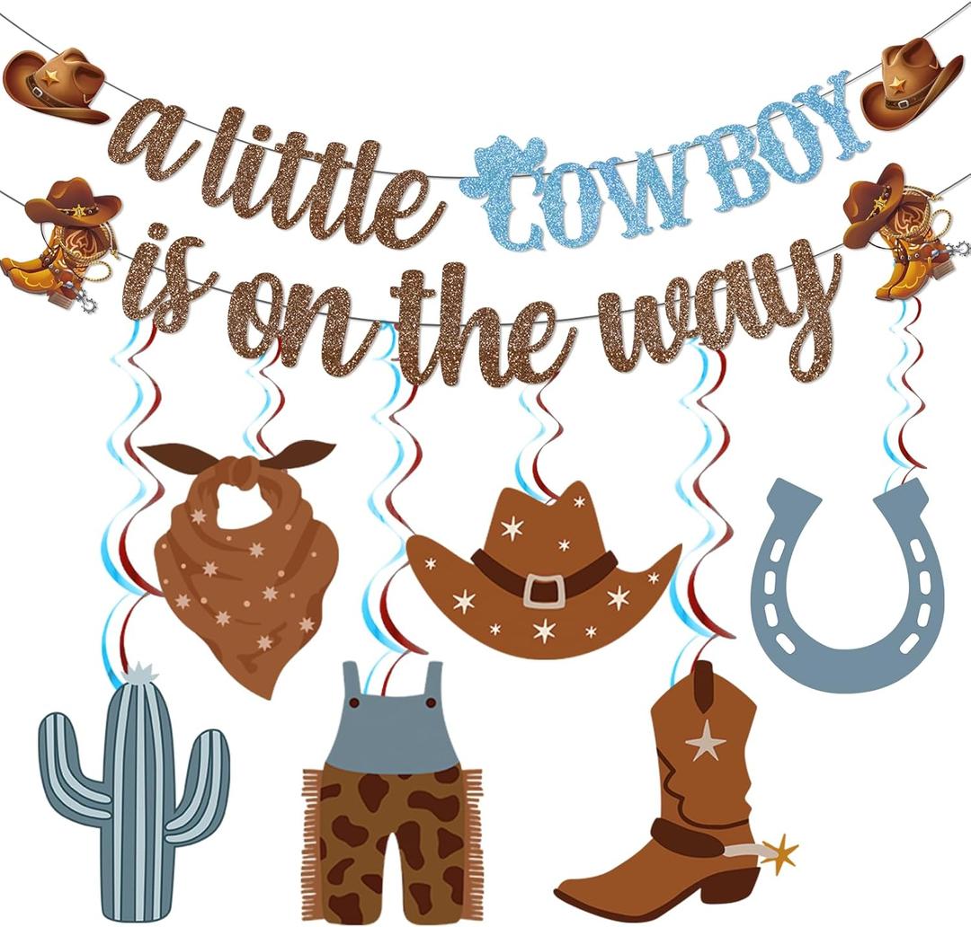 A Little Cowboy Is On The Way Banner Cowboy Baby Shower Decorations Western Baby Shower Decorations with Cowboy Decorations Hanging Swirls Cowboy Party Decorations for Baby Boy Shower Decorations (Brown Blue)