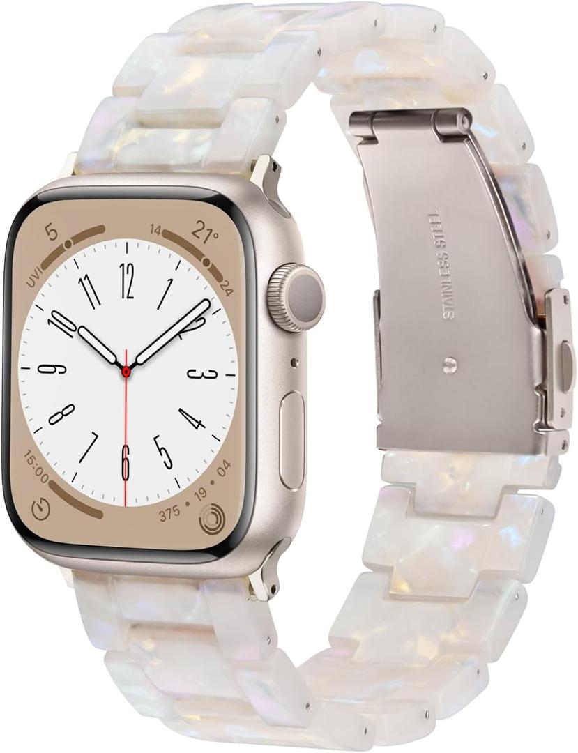 V-MORO Resin Bands Compatible with Apple Watch Series 8/7/9/10 Starlight Buckle Fashion Lightweight Cute Watch Strap for iwatch Series SE/6/5/4/3/2/1(Aurora White,38mm/40mm/41mm/42mm)