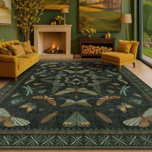 Hazo Haus Dark Green Insect Area Rugs 8x10 for Living Room, Dining Room Under Table, Bedroom, Unique Washable Floral Non Slip Low Pile Soft Rug