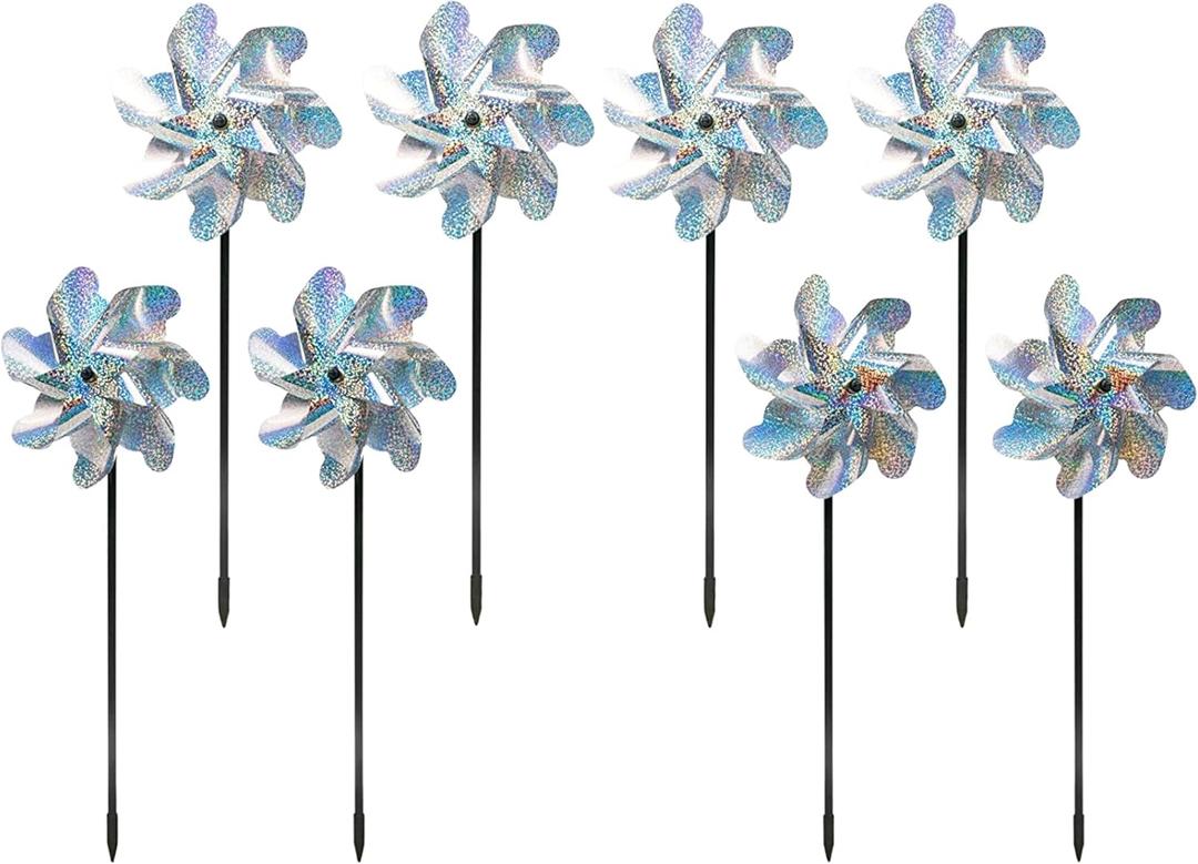 BIRD BLINDER 8-Pack Bird Deterrents for Outside - Reflective Pin Wheels for Garden and Yard - 7 x 19 in Holographic Windmills for The Yard Garden - Durable Outdoor Bird Deterrent Spinners - Silver