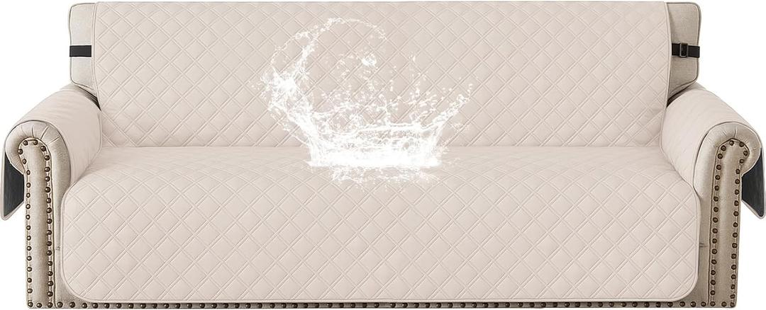 Waterproof Couch Cover for Pets, Sofa Covers for 3 Cushion Couch Washable, Non Slip Couch Covers for Dogs with Side Pockets Elastic Straps, Quilted Couch Covers for Sofa (Sofa, Beige)
