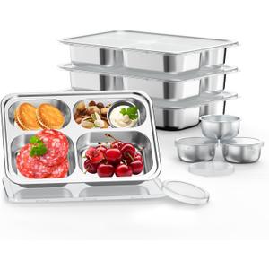 Bakpoco Stainless Steel Divided Plate for Kids Toddler, Non Toxic Portion Control Plate Dinner Plate with Lid for Adults Weight Loss, 4 Pack 4 Sections Rectangular Snack Plate Tray